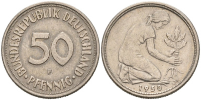 ФРГ 50 пфеннигов 1950 F KM 109, J. 384 медно-никель 92-326