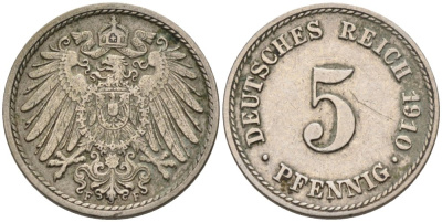Германия 5 пфеннигов 1910 F KM 11, Jager 12, Weege 6 медно-никель 4567-1028