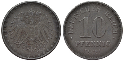Германия 10 пфеннигов 1921 A KM 20, J. 298 железо 4119-223