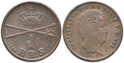 Дания 1 риксбанкскиллинг 1842 FF, Кристиан VIII (1839-1848) KM 726.1 (С120.1) медь 34-536
