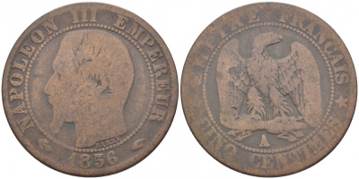 ФРАНЦИЯ 5 САНТИМОВ 1856 A, НАПОЛЕОН III (1852-1870) KM 777.1, LE FRANC 116.30 бронза 4448-113