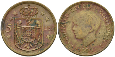 Румыния 5 лей 1930 KN, Михай I (1927-1930) KM 48 никель латунь    93-333