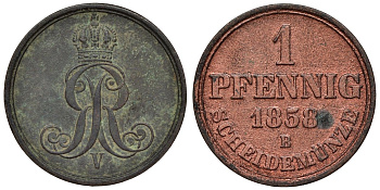 Ганновер 1 пфенниг 1858 B, Георг V KM 233, AKS 156, J. 90 медь 4594-519