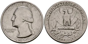 США 25 центов = квотер 1935 Вашингтон KM 164 серебро 4177-656