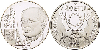 ФИНЛЯНДИЯ 20 ЭКЮ 1995 ЙОХАН ЛЮДВИГ РУНЕБЕРГ ( 1804-1877), ФИНСКИЙ ПОЭТ серебро PROOF 1084-9-63