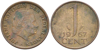 НИДЕРЛАНДЫ 1 ЦЕНТ 1967 ЮЛИАНА (1948-1980) KM 180 бронза 214-1037