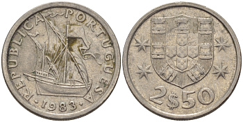 Португалия 2,5 эскудо 1983 парусник KM 590 медно-никель 67-715