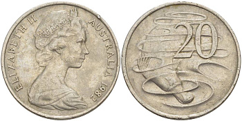 АВСТРАЛИЯ 20 ЦЕНТОВ 1982 ЕЛИЗАВЕТА II (1952-), УТКОНОС KM 66 медно-никель 4185-121