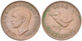 Великобритания 1 фартинг 1944 Георг VI (1936-1952) KM 843, Spink 4116 бронза 4613-514