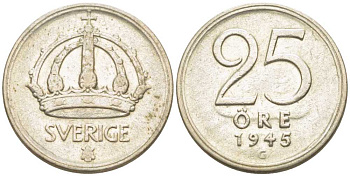 Швеция 25 эре 1945 G, Густав V (1907-1950) KM 816 серебро 116-1134