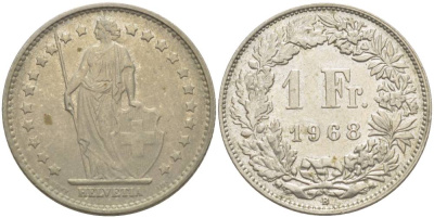 ШВЕЙЦАРИЯ 1 ФРАНК 1968 В KM 24а.1 медно-никель 4544-421