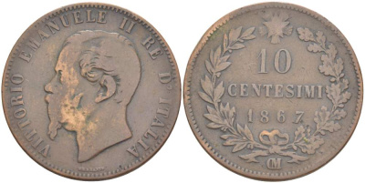 Италия 10 чентезимо 1867 OM, Виктор Эммануил II (1861-1878) KM 11.5 медь 4526-921