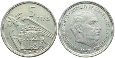 ИСПАНИЯ 5 ПЕСЕТ 1957 (74) ФРАНСИСКО ФРАНКО ДИКТАТОР ИСПАНИИ (1939-1975) KM 786 медно-никель 4395-357