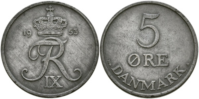 Дания 5 эре 1953 C;S, Фредерик IX (1947-1972) KM 843.2 цинк 4137-611