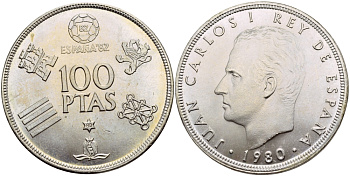 Испания 100 песет 1980 (80) чемпионат мира по футболу в Испании 1982 года, Хуан Карлос I (1975-) KM 820 медно-никель UNC 4537-325