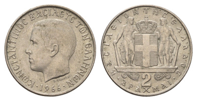 Греция 2 драхмы 1966 Константин II (1966-1973) KM 90 медно-никель 4121-351