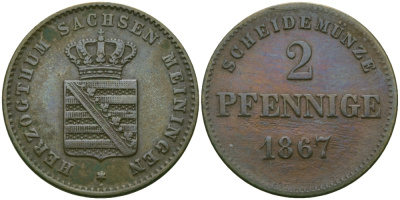 Саксен-Мейнинген 2 пфеннига 1867 Георг II (1866-1914) KM 174 медь 99-653