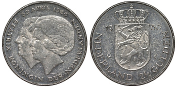 Нидерланды 2 1/2 гульдена 1980 коронация Беатрикс, 30 апреля 1980 KM 201 никель 4131-133