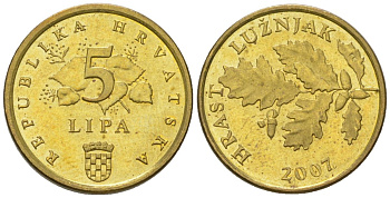 Хорватия 5 лип 2007 нечетный год KM 5 сталь плакированная латунью  UNC  4124-949
