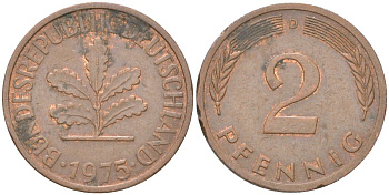 ФРГ 2 пфеннига 1975 D KM 106a сталь плакированная медью 4613-1219