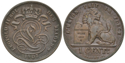 БЕЛЬГИЯ 1 САНТИМ 1907 BELGES KM 33.1 медь 44-128