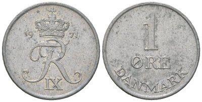 Дания 1 эре 1971 C; S, Фредерик IX (1947-1972) KM 839.2 цинк 4617-1053