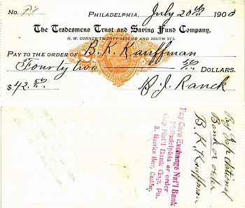 США чек на 42,50 долларов 1900 Филадельфия бумага 3295-59-2-2