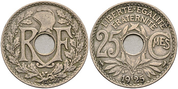 Франция 25 сантимов 1925 тип Lindauer KM 867а, Le Franc 171.9 медно-никель 4584-426