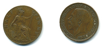 Великобритания 1/2 пенни 1921 Георг V (1910-1936) KM 809, Spink 4056 бронза 540-434