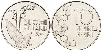 ФИНЛЯНДИЯ 10 ПЕННИ 1997 М, ЛАНДЫШ KM 65 медно-никель 192-1146