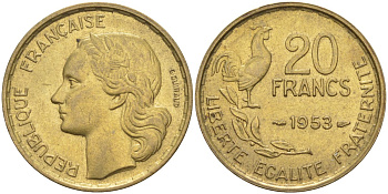 Франция 20 франков 1953 петух, 4 ПЕРА KM 917.1, Le Frank 402.11 алюминиевая бронза 4519-733