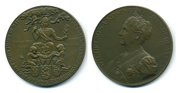 НИДЕРЛАНДЫ МЕДАЛЬ 1938 40 ЛЕТ ПРАВЛЕНИЯ ВИЛЬГЕЛЬМИНЫ, 50,0 мм, 46,4 гр бронза UNC 6-3-34