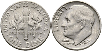 США 10 ЦЕНТОВ = 1 ДАЙМ 1969 РУЗВЕЛЬТ KM 195а медь плакированная медно-никелем 51-5254