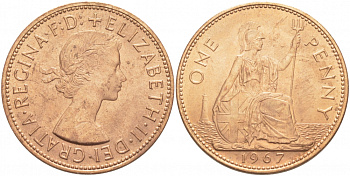 Великобритания 1 пенни 1967 Елизавета II (1952-2022) KM 897, Spink 4157 бронза UNC 3457-315