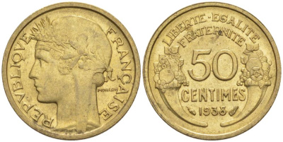 ФРАНЦИЯ 50 САНТИМОВ 1938 ТИП MORLON KM 894.1, LE FRANC 192.14 алюминиевая бронза 44-747