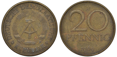 ГДР 20 пфеннигов 1969 А, первый год KM 11 латунь 62-1221