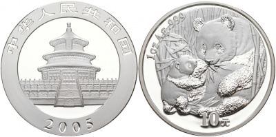 Китай 10 юаней 2005 Панда с детенышем KM 1589 серебро UNC 02-035-44