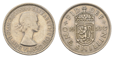 Великобритания 1 шиллинг 1953 год-тип, Елизавета II (1952-2022), Шотландский герб KM 891, Spink 4140 медно-никель 4699-452