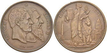 Бельгия 5 франков 1880 50 лет независимости (1830-1880) Леопольд I и Леопольд II, вес 24,98 гр. KM M9a медь 413-1845