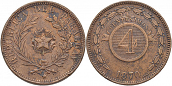 ПАРАГВАЙ 4 СЕНТЕСИМО 1870 KM 4.1 медь 413-1423