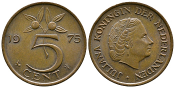 Нидерланды 5 центов 1975 Юлиана (1949-1980) KM 181 бронза 177-212