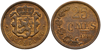 Люксембург 25 сантимов 1946 Шарлотта (1918-1964) KM 45 бронза 4532-434