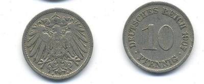 Германия 10 пфеннигов 1907 A KM 12, J. 13 медно-никель 58-255