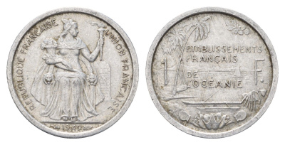 Французская Океания 1 франк 1949 год-тип KM 2 алюминий 87-1214
