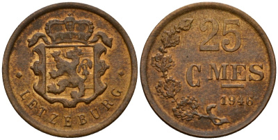 Люксембург 25 сантимов 1946 Шарлотта (1918-1964) KM 45 бронза 4532-434