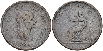 Великобритания 1/2 пенни 1806 Георг III (1760-1820) KM 662, Spink 3781 медь 4117-641