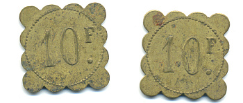 ФРАНЦИЯ 10 ФРАНКОВ НАЧАЛО XX ВЕКА 25 x 25 мм, вес около 3,85 гр., платежный жетон., платежный жетон латунь 89-1123