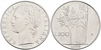 ИТАЛИЯ 100 ЛИР 1966 R АФИНА KM 96.1 сталь 3855-745