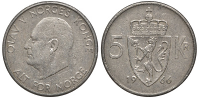 Норвегия 5 крон 1966 Улаф V (1958-1991) KM 412 медно-никель 81-816
