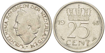 НИДЕРЛАНДЫ 25 ЦЕНТОВ 1948 ВИЛЬГЕЛЬМИНА (1890-1948) KM 177 никель 211-634